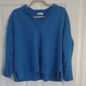 Nordstrom Blue V-Neck Sweater with Buttoned Sleeves 100% Merino Wool